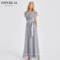 Simple design O neck chiffon lady maxi elegant dress with belt dresses evening long